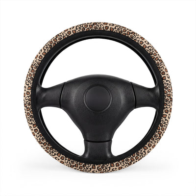 Beige brown leopard print steering wheel cover, front view