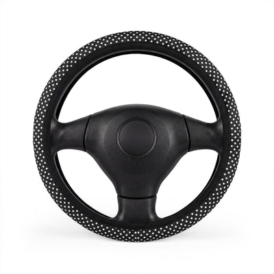 Black big polka dot steering wheel cover, on a steering wheel