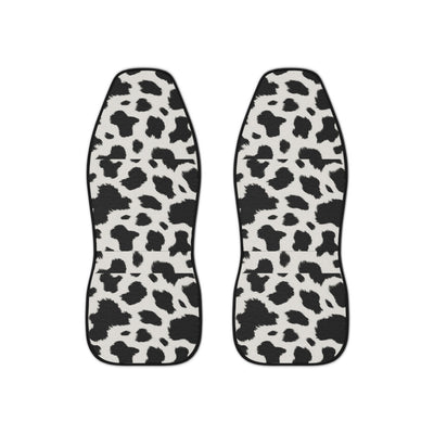 Black white cow print car seat covers, set of two shown side by side