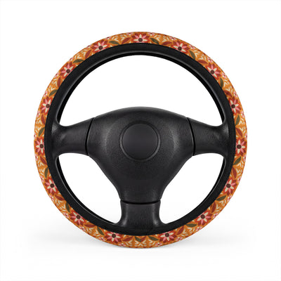 Boho orange floral steering wheel cover, on a steering wheel