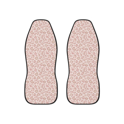 Light pink leopard print car seat covers, set of two shown side by side