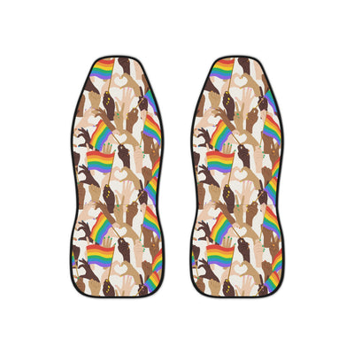 Pride flag hands car seat covers, set of two shown side by side