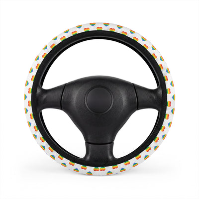Rainbow heart pride steering wheel cover, on a steering wheel