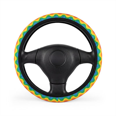 Rainbow wave pride steering wheel cover, on a steering wheel