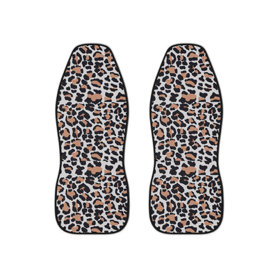 White brown leopard print car seat covers, set of two shown side by side