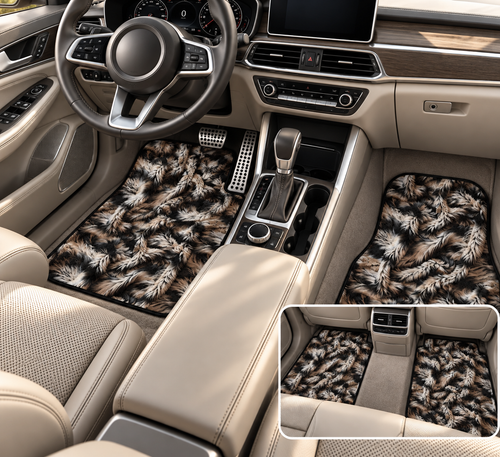 Beige black fur look car mats shown in a car interior