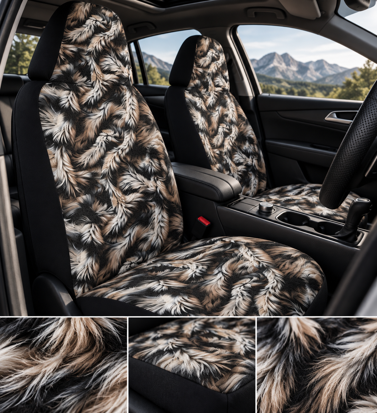 Beige black fur look car seat covers shown in a car interior