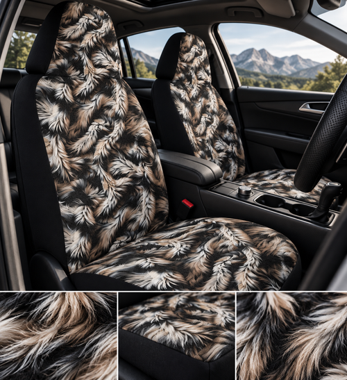 Beige black fur look car seat covers shown in a car interior