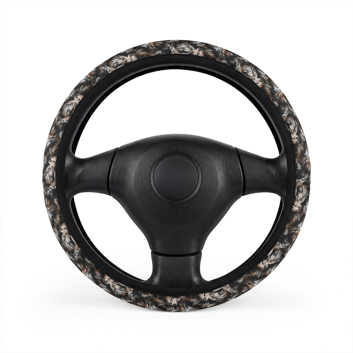 Beige black fur look steering wheel cover, on a steering wheel