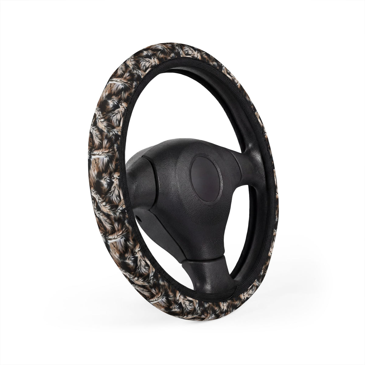 Beige black fur look steering wheel cover, product view 2