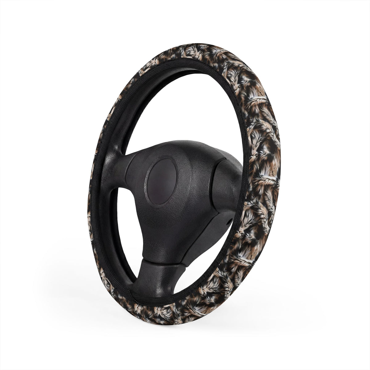 Beige black fur look steering wheel cover, product view 3
