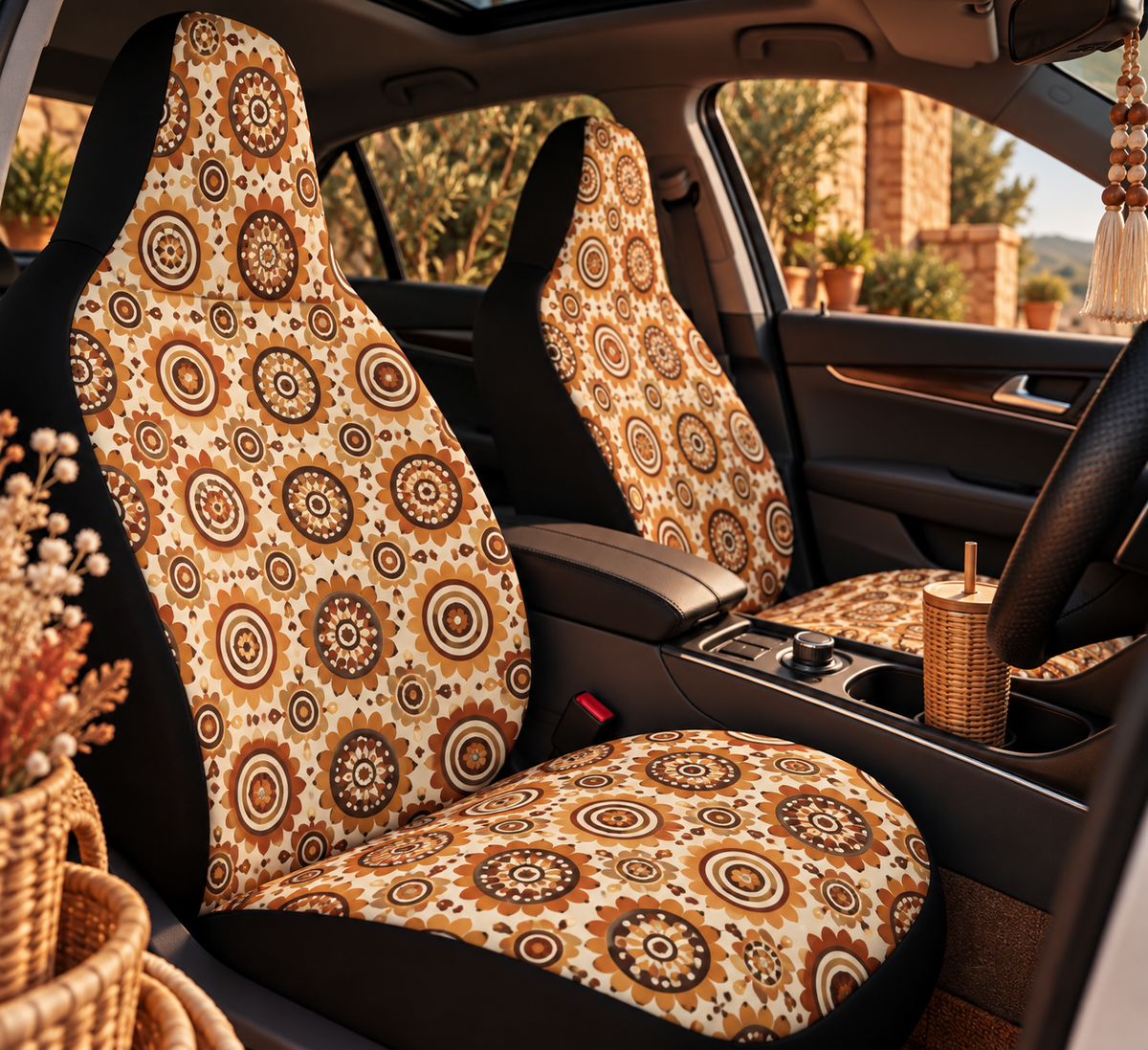 Beige boho medallion car seat covers shown in a car interior