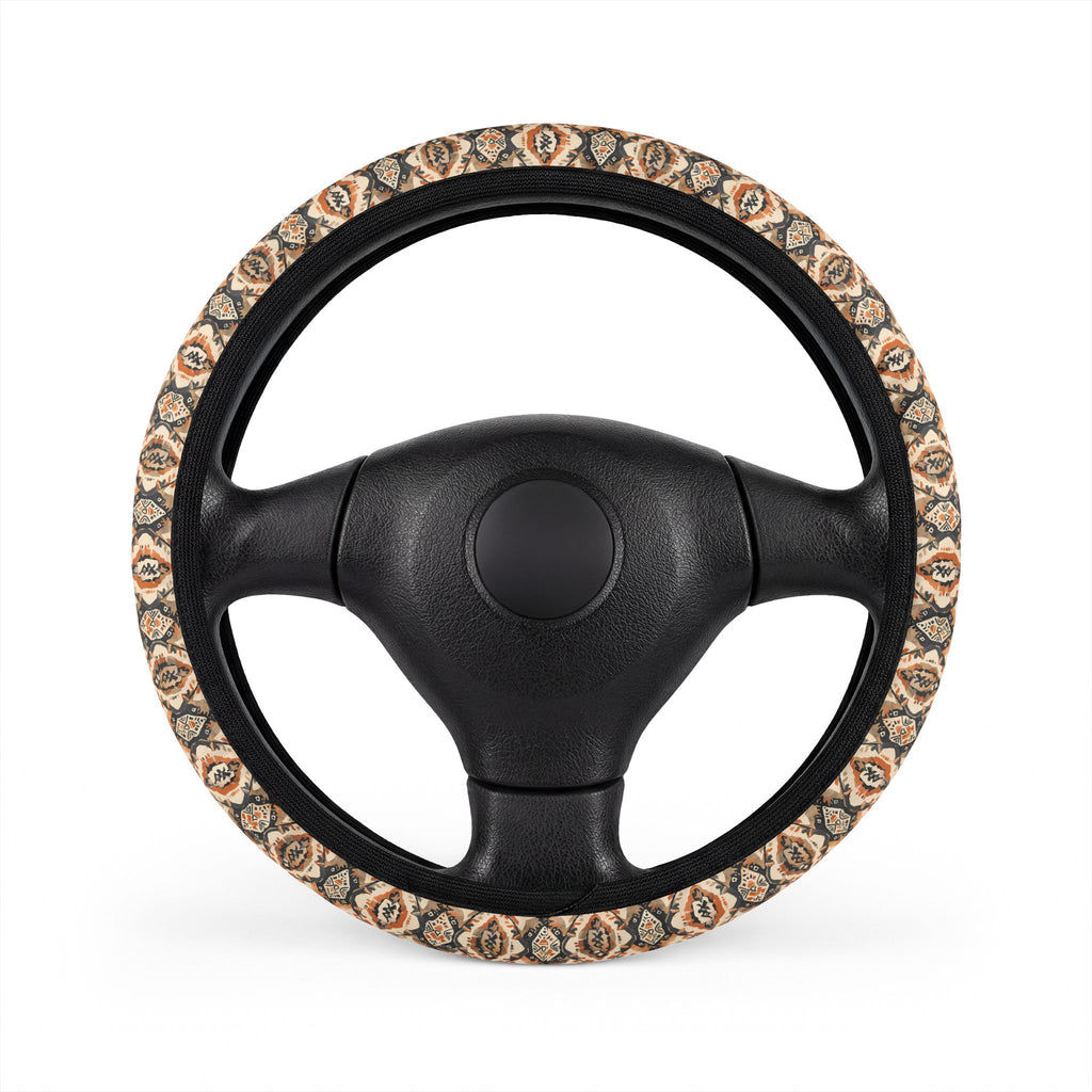 Beige boho medallion steering wheel cover, front view