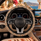 Beige boho medallion steering wheel cover shown in a car interior