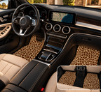 Beige brown giraffe print car mats shown in a car interior