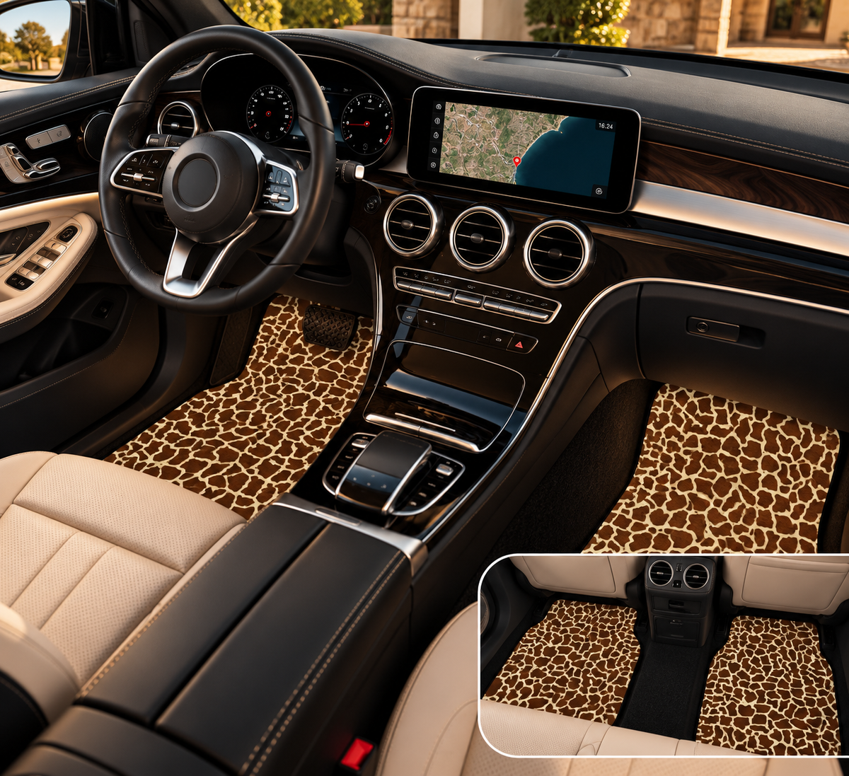 Beige brown giraffe print car mats shown in a car interior