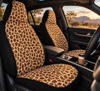 Beige brown giraffe print car seat covers shown in a car interior