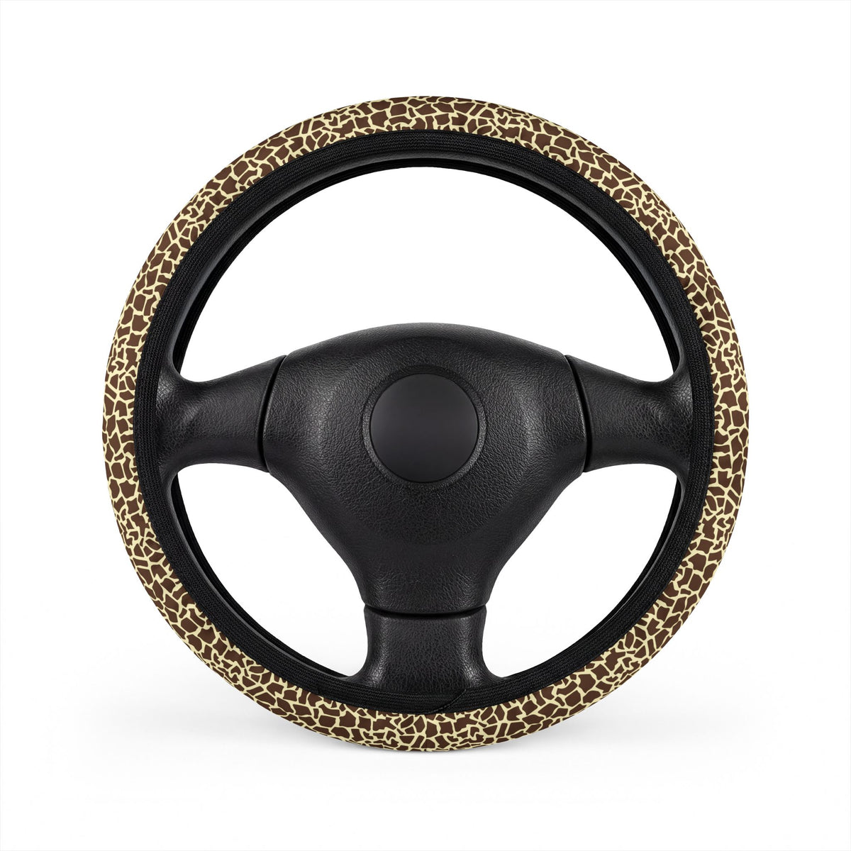 Beige brown giraffe print steering wheel cover, on a steering wheel