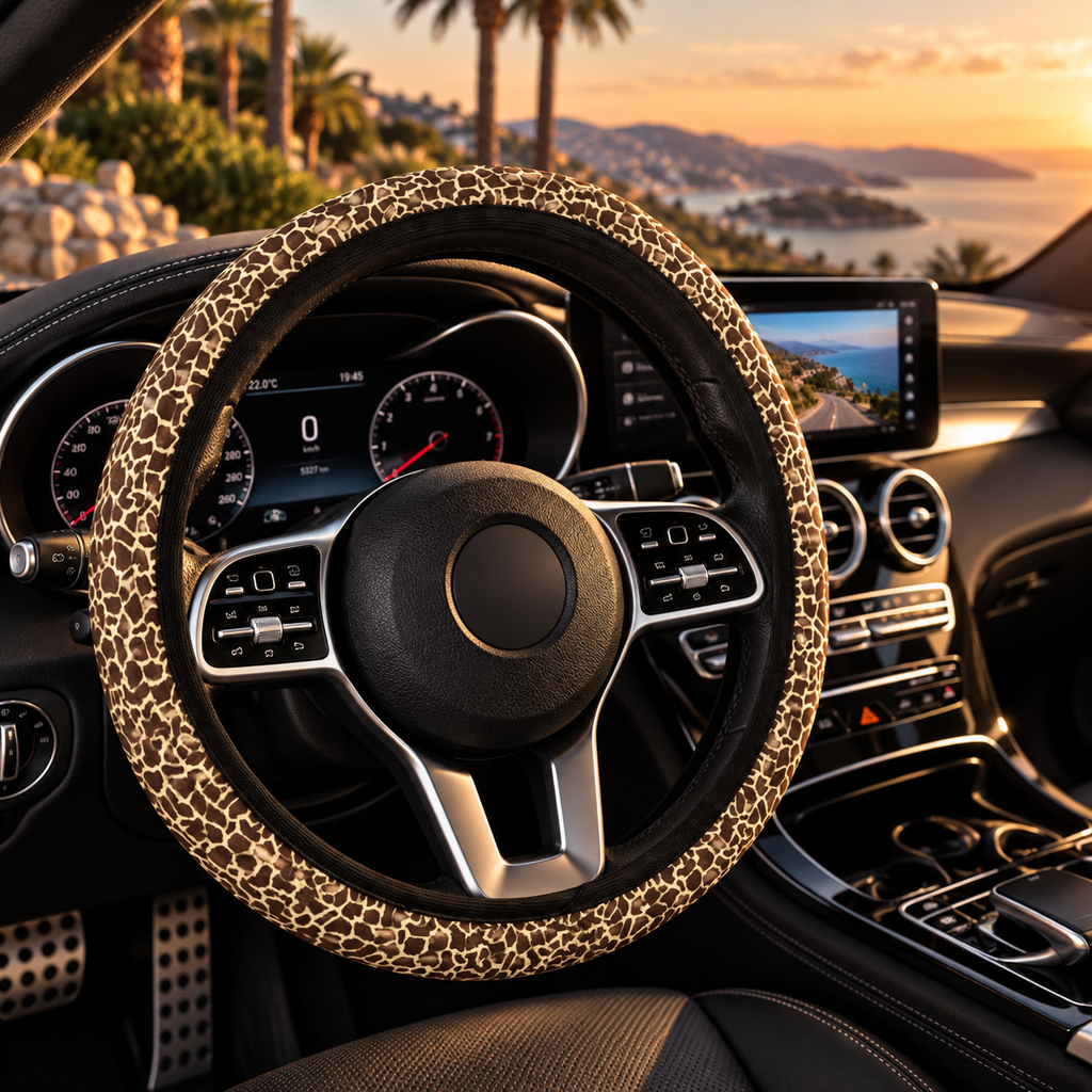Beige brown giraffe print steering wheel cover shown in a car interior