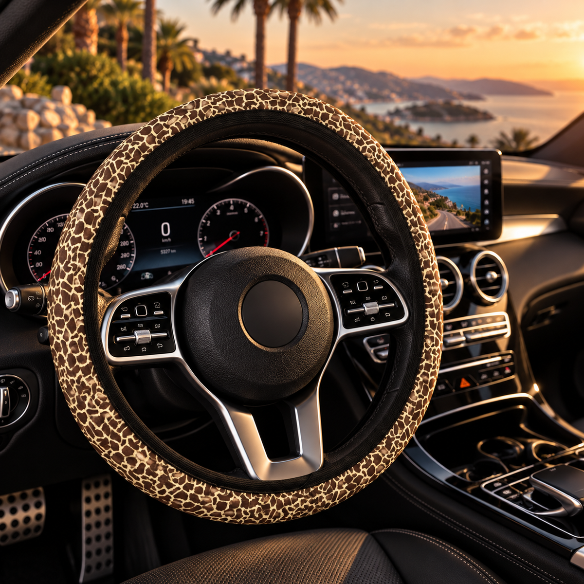 Beige brown giraffe print steering wheel cover shown in a car interior