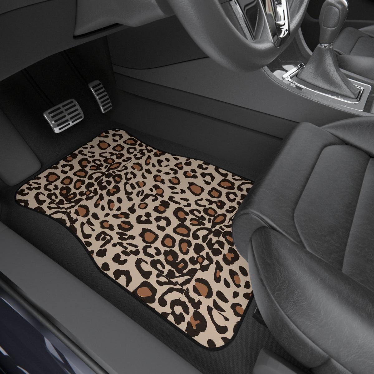 Beige brown leopard print car mats shown in a car interior
