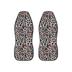Beige brown leopard print car seat covers, set of two shown side by side