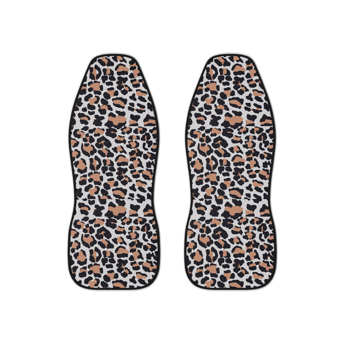 Beige brown leopard print car seat covers, set of two shown side by side