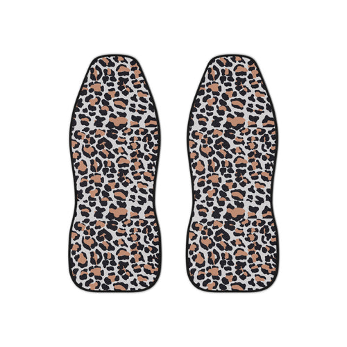 Beige brown leopard print car seat covers, set of two shown side by side