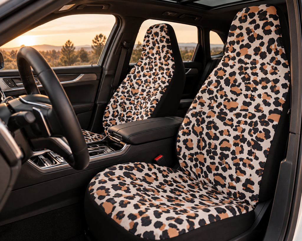 Beige brown leopard print car seat covers shown in a car interior