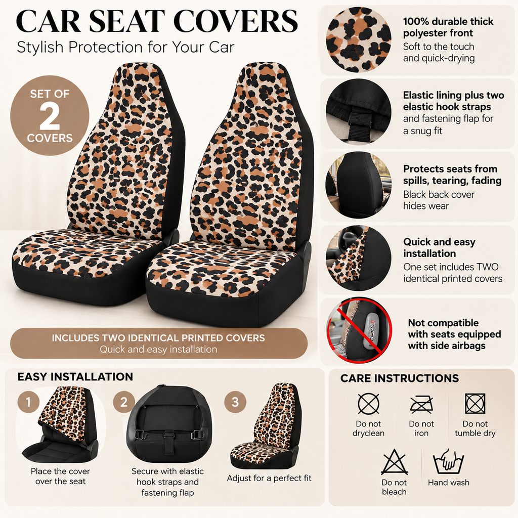 Beige brown leopard print car seat covers overview with features, installation steps and care instructions