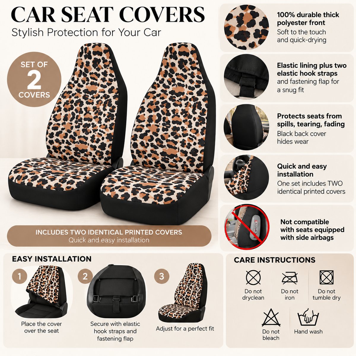 Beige brown leopard print car seat covers overview with features, installation steps and care instructions