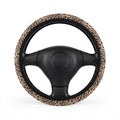 Beige brown leopard print steering wheel cover, front view