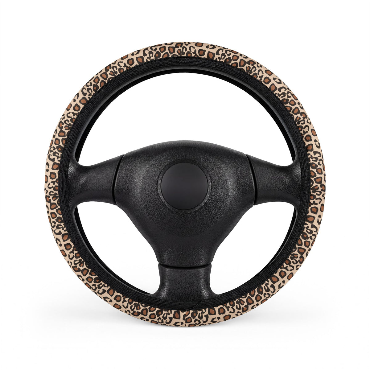 Beige brown leopard print steering wheel cover, front view