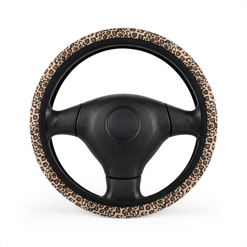 Beige brown leopard print steering wheel cover, front view