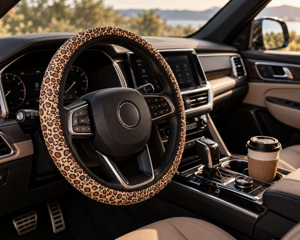 Beige brown leopard print steering wheel cover shown in a car interior