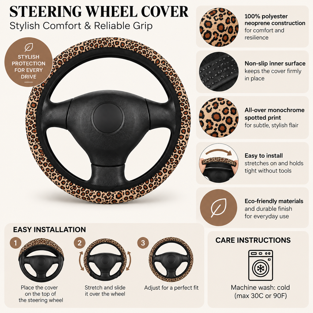 Beige brown leopard print steering wheel cover overview with features, installation steps and care instructions