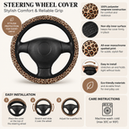 Beige brown leopard print steering wheel cover overview with features, installation steps and care instructions