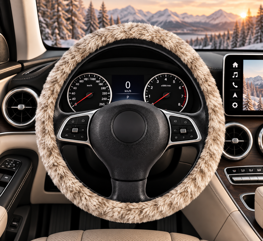 Beige fur look steering wheel cover shown in a car interior