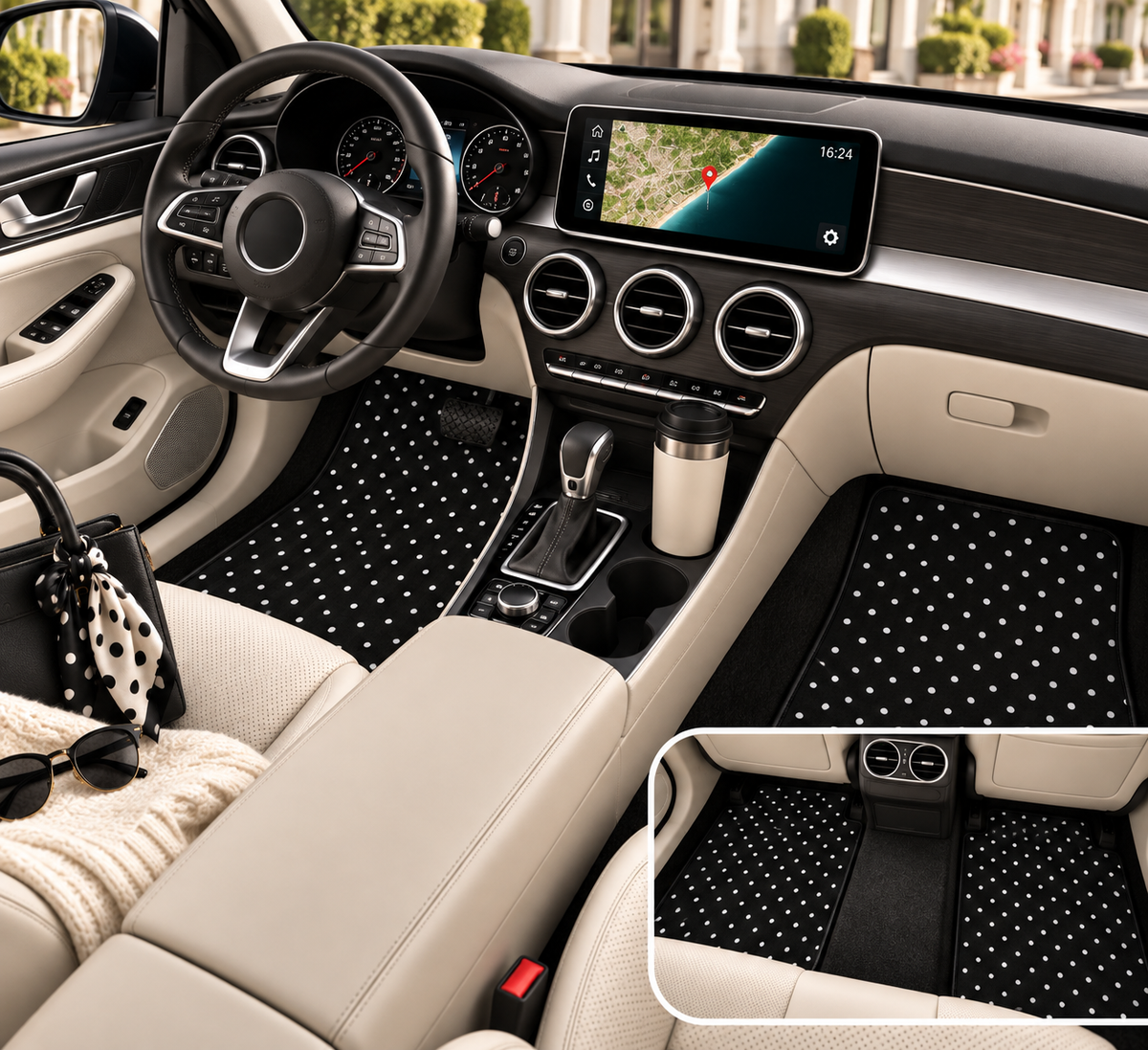 Black big polka dot car mats shown in a car interior
