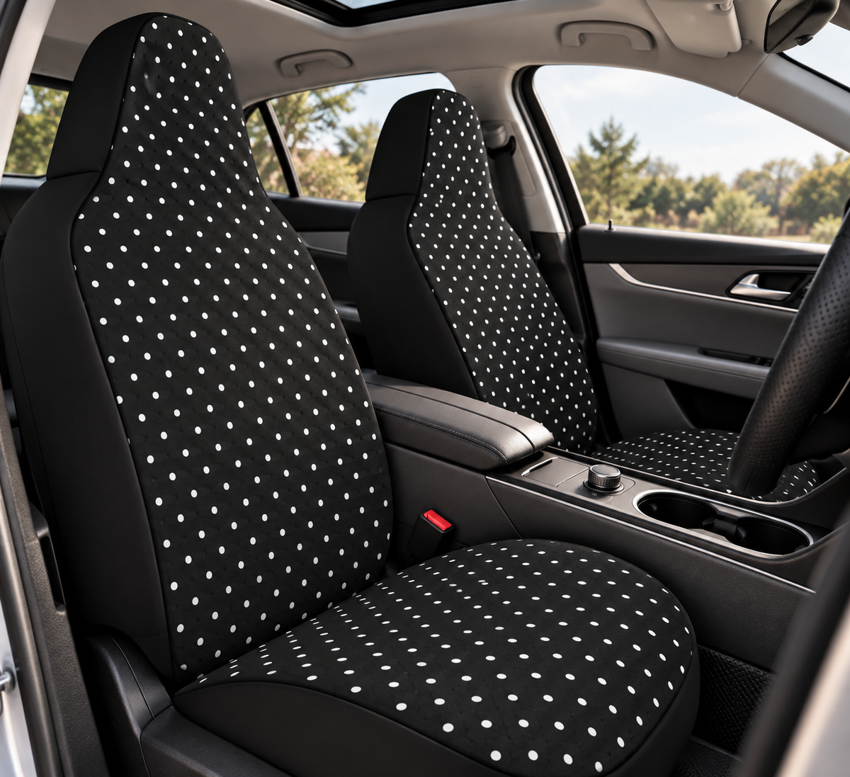 Black big polka dot car seat covers shown in a car interior