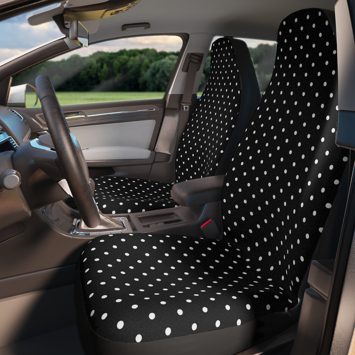 Black big polka dot car seat covers, product view 3
