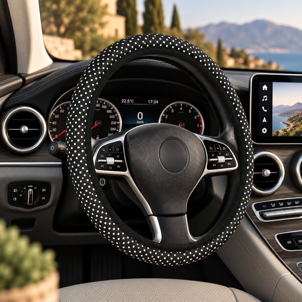 Black big polka dot steering wheel cover shown in a car interior