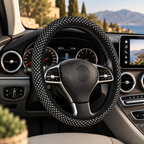 Black big polka dot steering wheel cover shown in a car interior