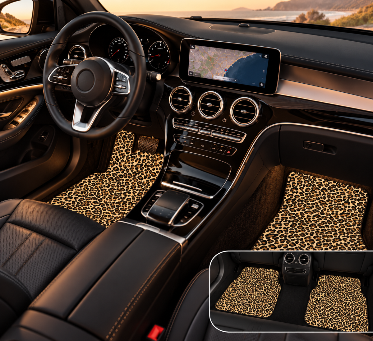 Black brown cheetah print car mats shown in a car interior