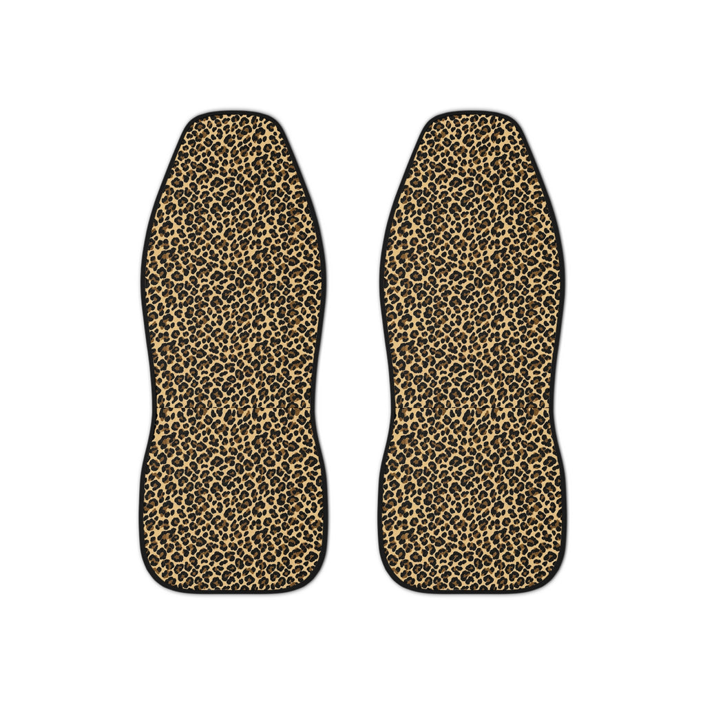 Black brown cheetah print car seat covers, set of two shown side by side