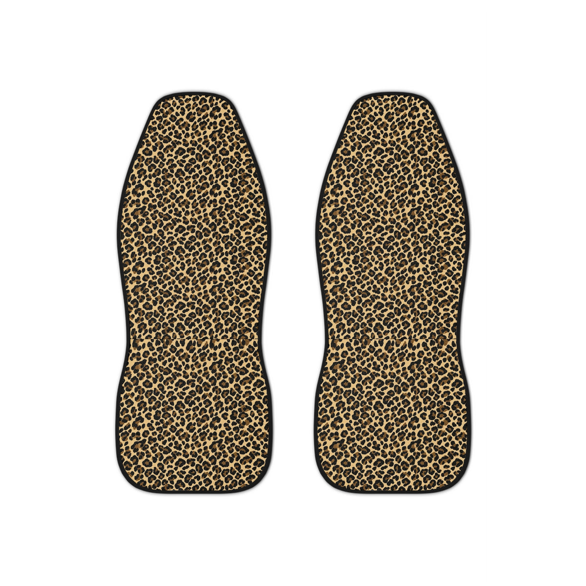 Black brown cheetah print car seat covers, set of two shown side by side