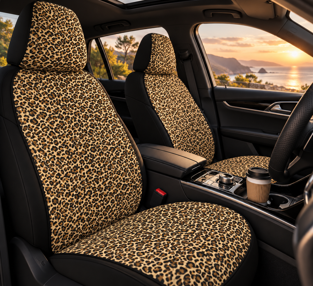 Black brown cheetah print car seat covers shown in a car interior