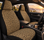 Black brown cheetah print car seat covers shown in a car interior