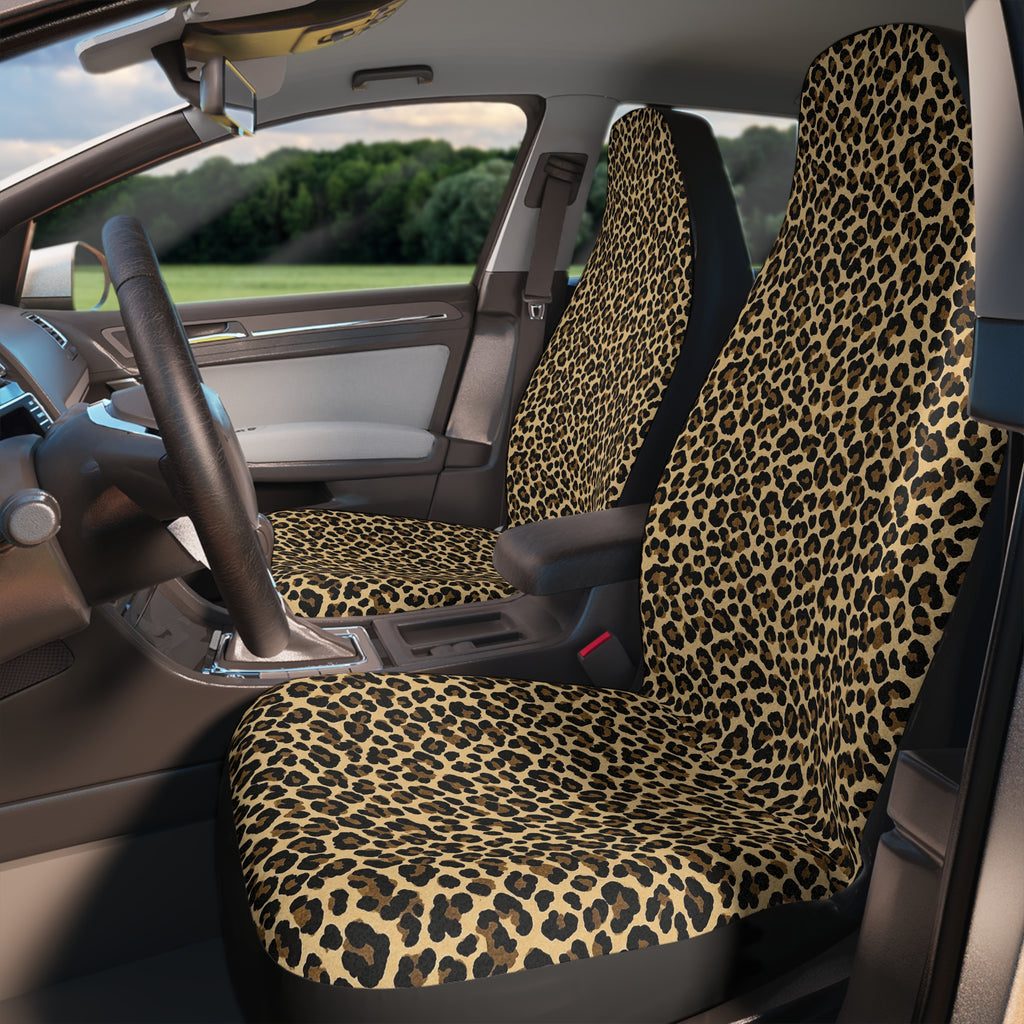Black brown cheetah print car seat covers, fitted on the front seats of a car