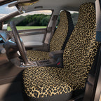 Black brown cheetah print car seat covers, fitted on the front seats of a car